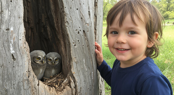 Inquisitive little boy standing at a tree and looking at two adorable baby owlets he found in a trunk hollow nest on the farm.