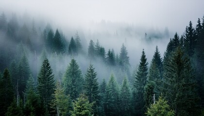 mist covered forest where towering trees fade into the thick fog creating a mysterious and tranquil atmosphere