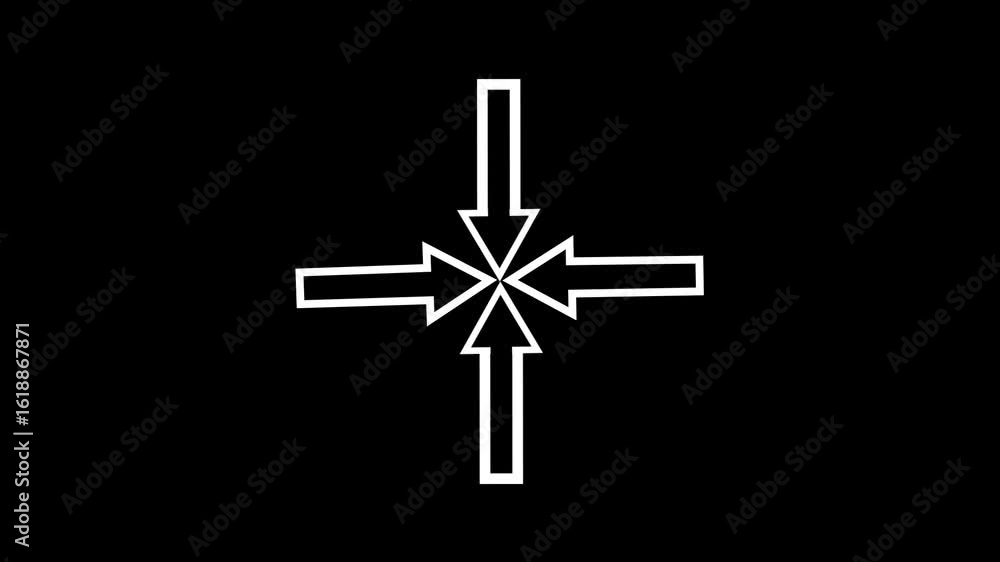 Poster white icon animation of arrows pointing at center,four arrow ways. icon animation. motion graphics.