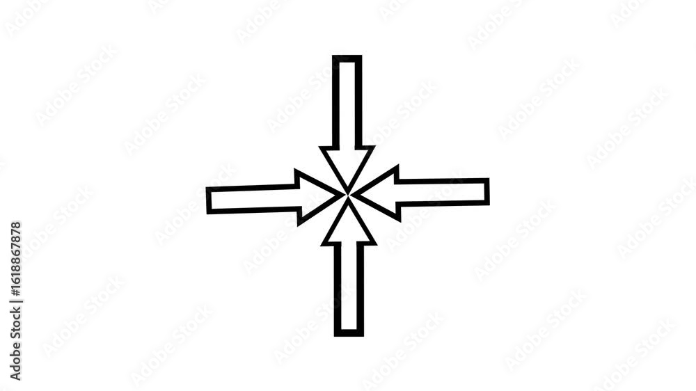Poster white icon animation of arrows pointing at center,four arrow ways. icon animation. motion graphics.