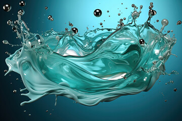 Splash of sea wave-colored liquid with fine aquamarine tones and shimmering silver glitter. Dynamic fluid motion on a clean, bright background.