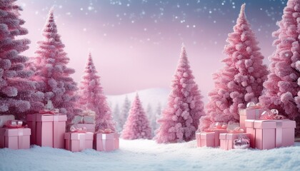 pink christmas trees with presents in snowy wonderland