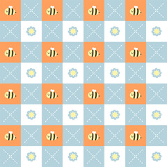 seamless minimal flower and bee repeat pattern in blue plaid checkered background, flat vector illustration graphic design
