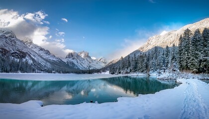 Fototapeta premium serene winter landscape with mountains and evergreen trees adorned with butterflies in the sky