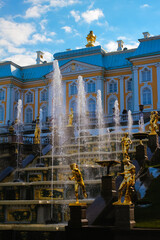 Peterhof, Russia - September 18, 2014: View of the Grand Cascade fountain leading to the Gulf of...