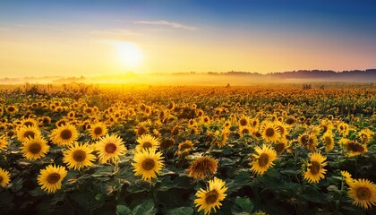 Obraz premium sunflower field at sunrise with bright yellow flowers in bloom
