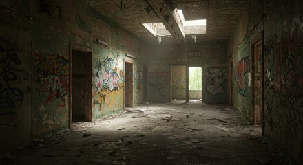 Creepy abandoned hallway interior featuring graffiti and light streaming through the damaged ceiling