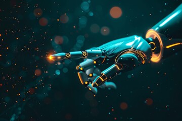 Robotic Hand Pointing with Glowing Orange Finger Tip Against a Dark Teal Background with Bokeh Lights and Particles