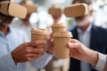 Coworkers engaging in virtual reality while enjoying coffee together in a modern office
