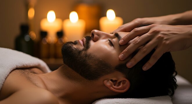 Relaxing massage for handsome man in spa with candles