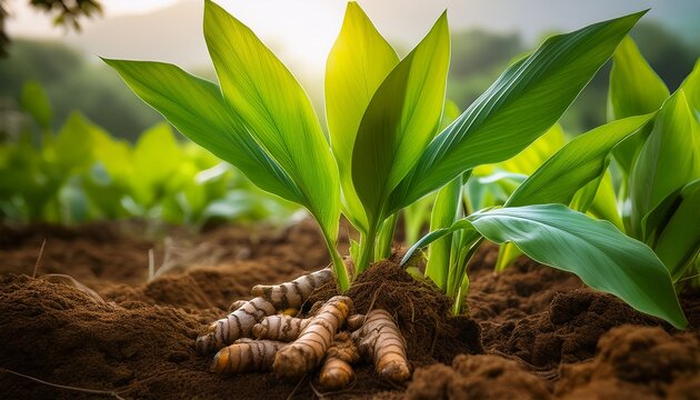 this close up highlights a turmeric plant thriving in its natural habitat debuting lush green leaves above and sturdy roots below the image reflects its healthy growth in the field