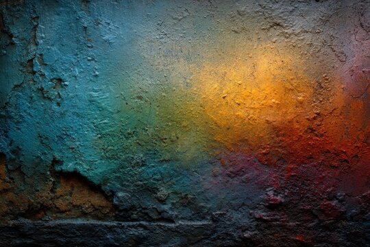 Close-up on old blue wall with peeling paint revealing colorful layers and gold specks, creating an abstract and textured appearance