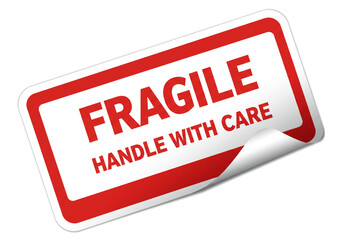 A close up of a white sticker with red text that says fragile handle with care on a white surface