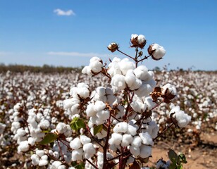 Cotton plants in a field under a clear blue sky