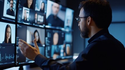 Person reviewing multiple video feeds on a large monitor array.