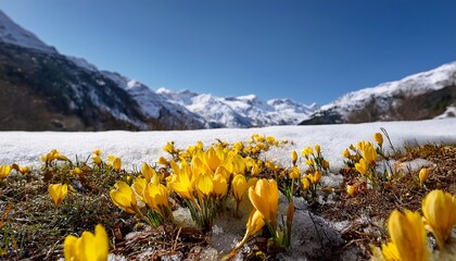 Obraz premium yellow flowers emerge from the melting snow signaling the arrival of spring their vibrant color represents hope and renewal during the sacred month of ramadan