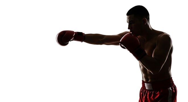 Silhouette of determined boxer punching with red gloves on white