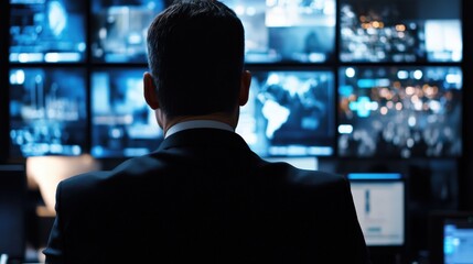 Person in a dark suit viewing multiple screens.