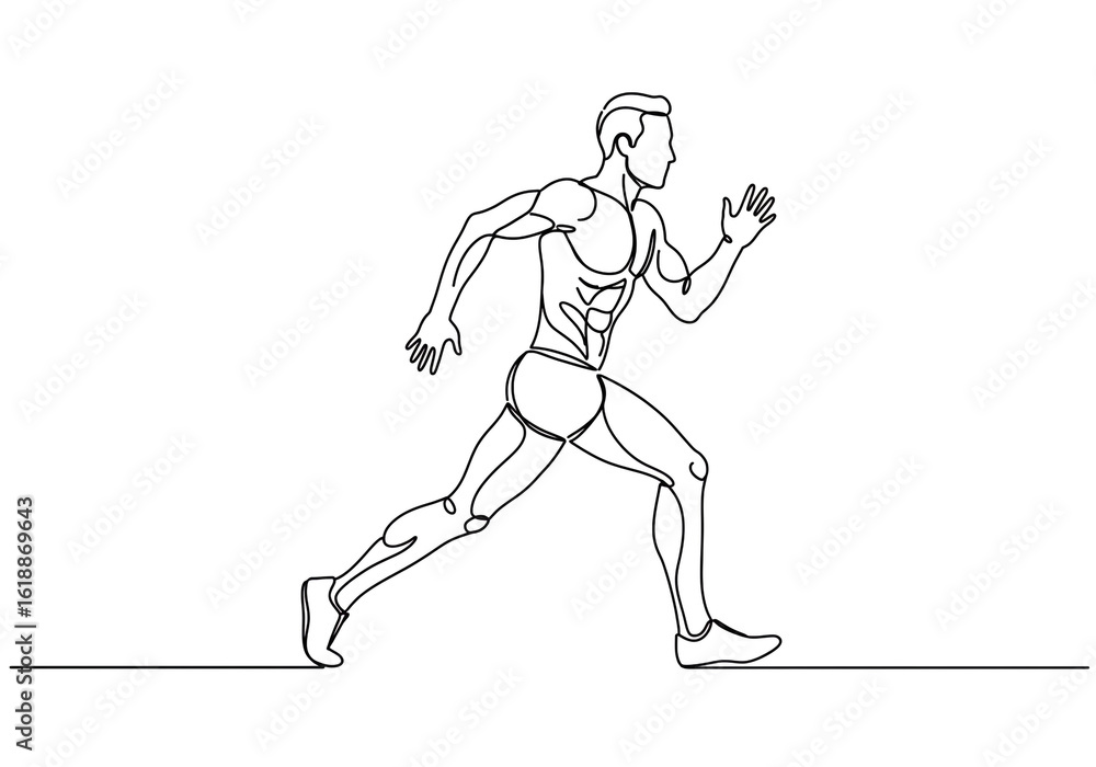 Poster continuous line drawing of a muscular man running with defined abs and arm muscles on white