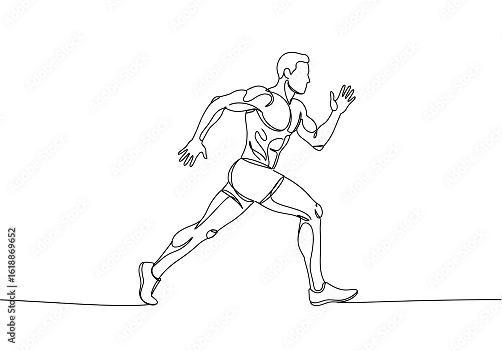Poster a continuous line drawing of a muscular man running with determination on a white background
