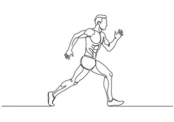 Obraz premium Continuous line drawing of a muscular man running with defined abs and arm muscles on white