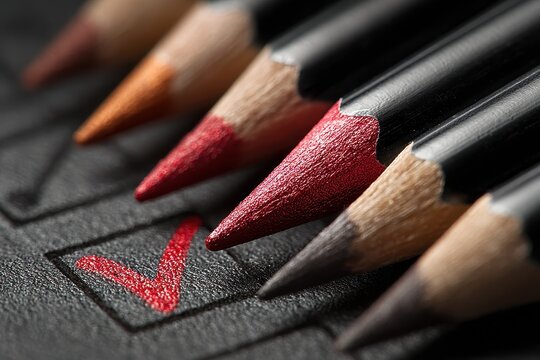 Color pencils create check marks inside boxes on textured black paper, close up selection, choice, right marks