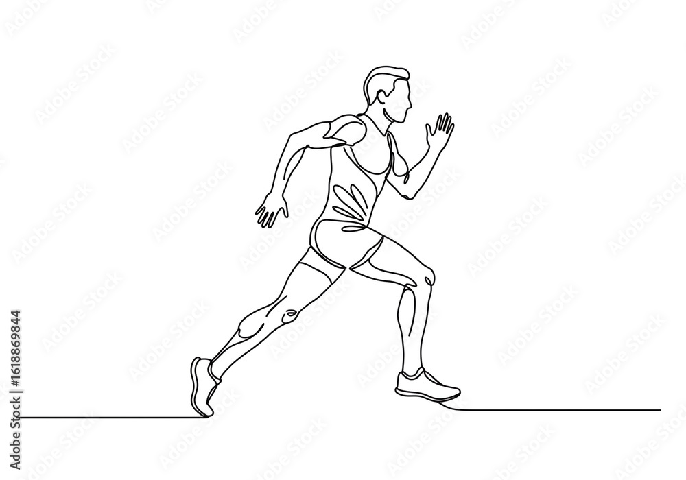 Poster continuous line drawing of a runner in motion, showing speed and athleticism in black outline