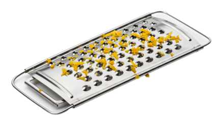 Stainless steel grater with orange zest for cooking and baking food preparation in kitchen tools on transparent background
