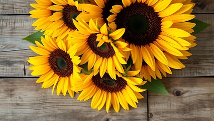 Vibrant sunflower arrangement on a rustic wooden surface, bathed in warm natural light from above.