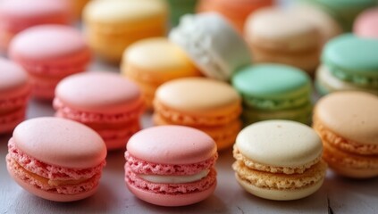 Obraz premium Assorted Pastel Macarons Arranged Neatly on White Surface