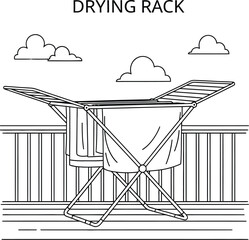 Line art illustration showcases a drying rack with clothes, set against a backdrop of clouds and a fence, perfect for laundry or household themes and conveying simplicity.