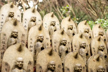 Row of Small Stone Buddhist Statues with Japanese Inscriptions in a Temple Garden