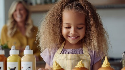 Joyful young girl decorating cupcakes in the kitchen with family,National Condiment Month,