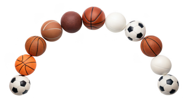 Collection of various sports balls arranged in an arch shape isolated on transparent background