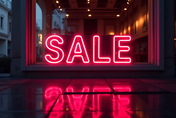 Bright pink neon sale sign illuminating a wet city street reflecting the vibrant glow at night