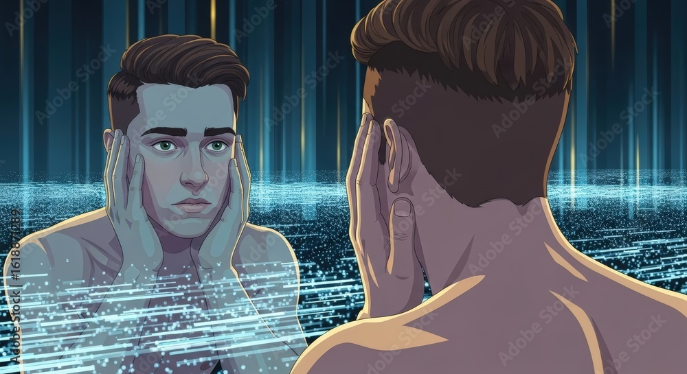 Poster man looks at his digital reflection in a mirror, surrounded by a matrix of data and light for artifi
