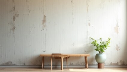  Rustic Whitewashed Wooden Wall with Minimal Shelf and Green Plant Accent
