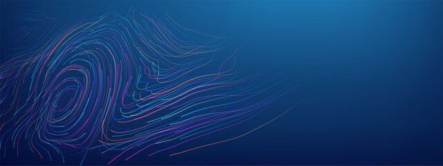 Abstract AI Data Flow Background with Tech Pattern and Digital Line Network. Futuristic 3D Vector Design for Business Concept or Cyber Finance Visualization. Neon Blue Circle Connection with Virtual.