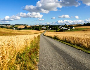 Country road through golden fields under a vibrant sky