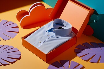 Stylish Light Blue Dress Shirt in an Orange Gift Box with Decorative Elements