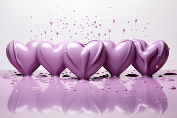 Row of liquid purple creamy hearts standing side by side. Smooth, glossy shapes with a soft texture, perfect for beauty, romance, and cosmetic visuals.