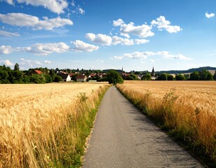 Country road through golden wheat field