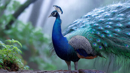 Fototapeta premium Peacock with fully fanned tail standing in a lush dewy garden under soft rain