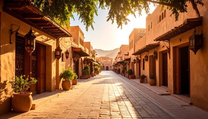 Fototapeta premium Sunlit alleyway of terracotta buildings