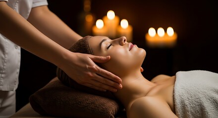 Woman enjoying a relaxing face massage in a spa with candles