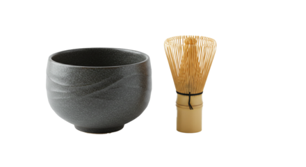 Traditional matcha tea set ceramic bowl and bamboo whisk for japanese tea ceremony preparation on transparent background