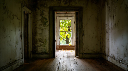 Obraz premium Abandoned room with view of autumn foliage through window interior doorway