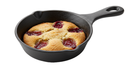 A close up of a cherry cake baked in a small cast iron skillet with a transparent background and handle