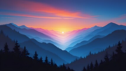 Obraz premium Distant Ridge Silhouette at Sunset: Layers of Blue and Purple Mountains