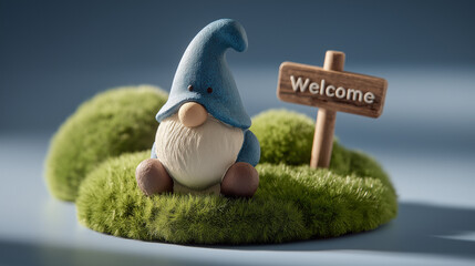 Playful Clay Gnome Near Welcome Sign